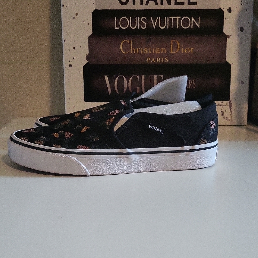 Vans Black and Pink Wine Grapes On Black Canvas Slip-On Sneakers - Picture 4 of 8